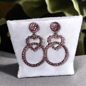 NWT Pink Rhinestone Heart Circle Drop Statement Earrings